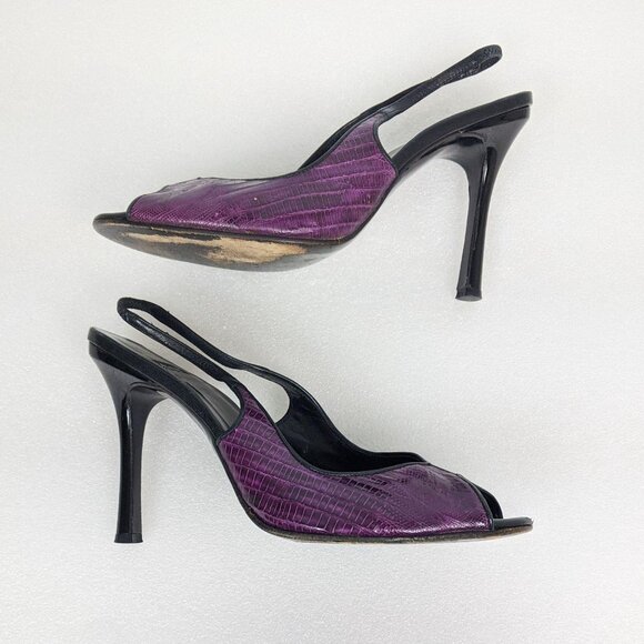 Vintage Designer y2k Purple Snakeskin Leather Peeptoe Slingback Heels 7 - Picture 3 of 10